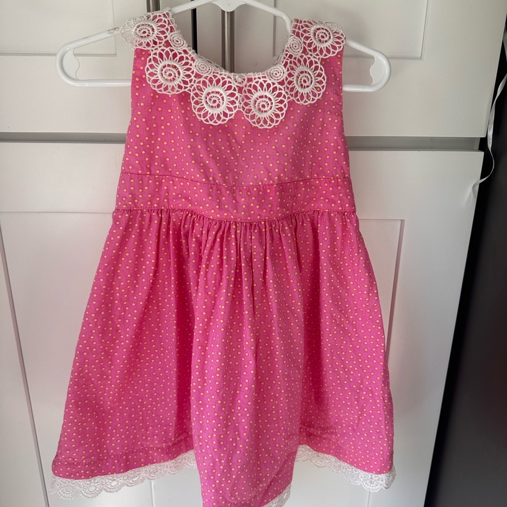 Pink Polka Dot Dress with Lace Trim Vintage Dress 3T 0167